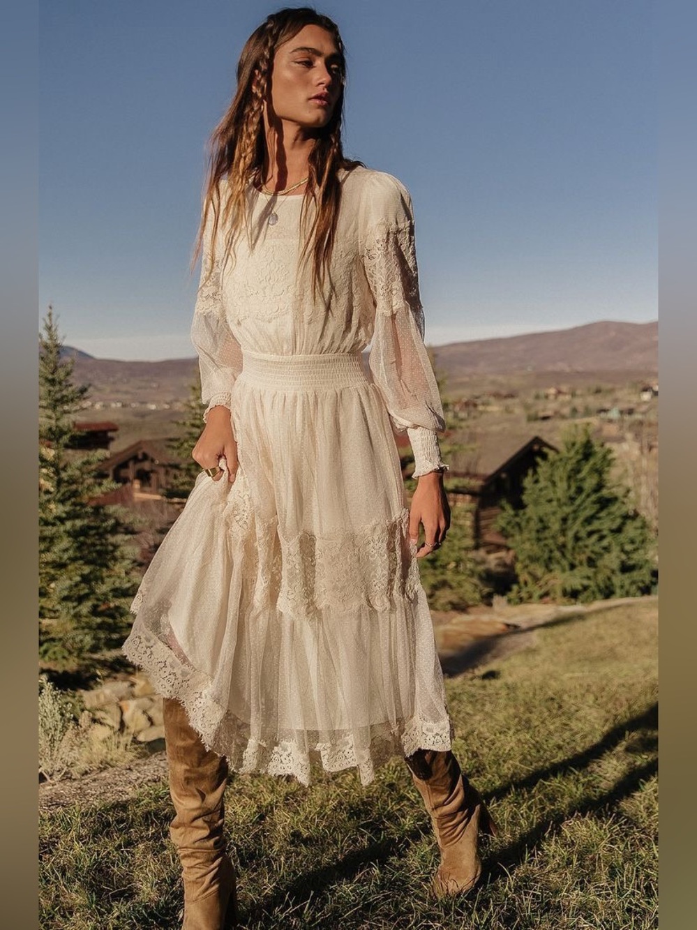 EUC Bohme Lilith Boho Lace Long Sleeve Midi Dress in Ivory